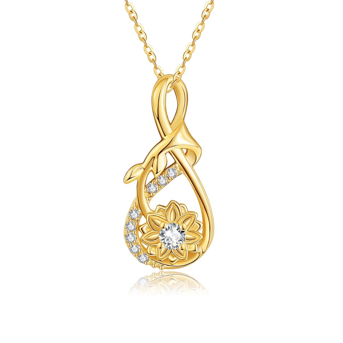 14K Yellow Gold Circular Cubic Zirconia Sunflower Pendant Necklace-1