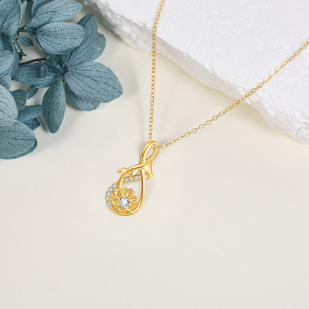 Colar com pingente de girassol circular de zircônia cúbica em ouro amarelo 10K-4
