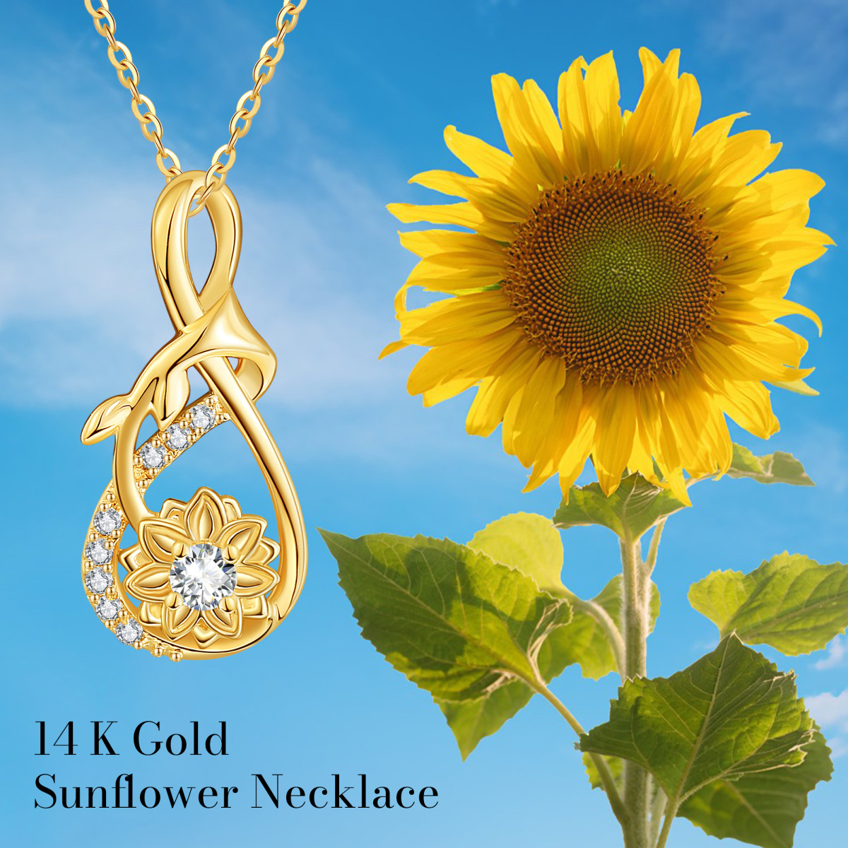 14K Yellow Gold Circular Cubic Zirconia Sunflower Pendant Necklace-6