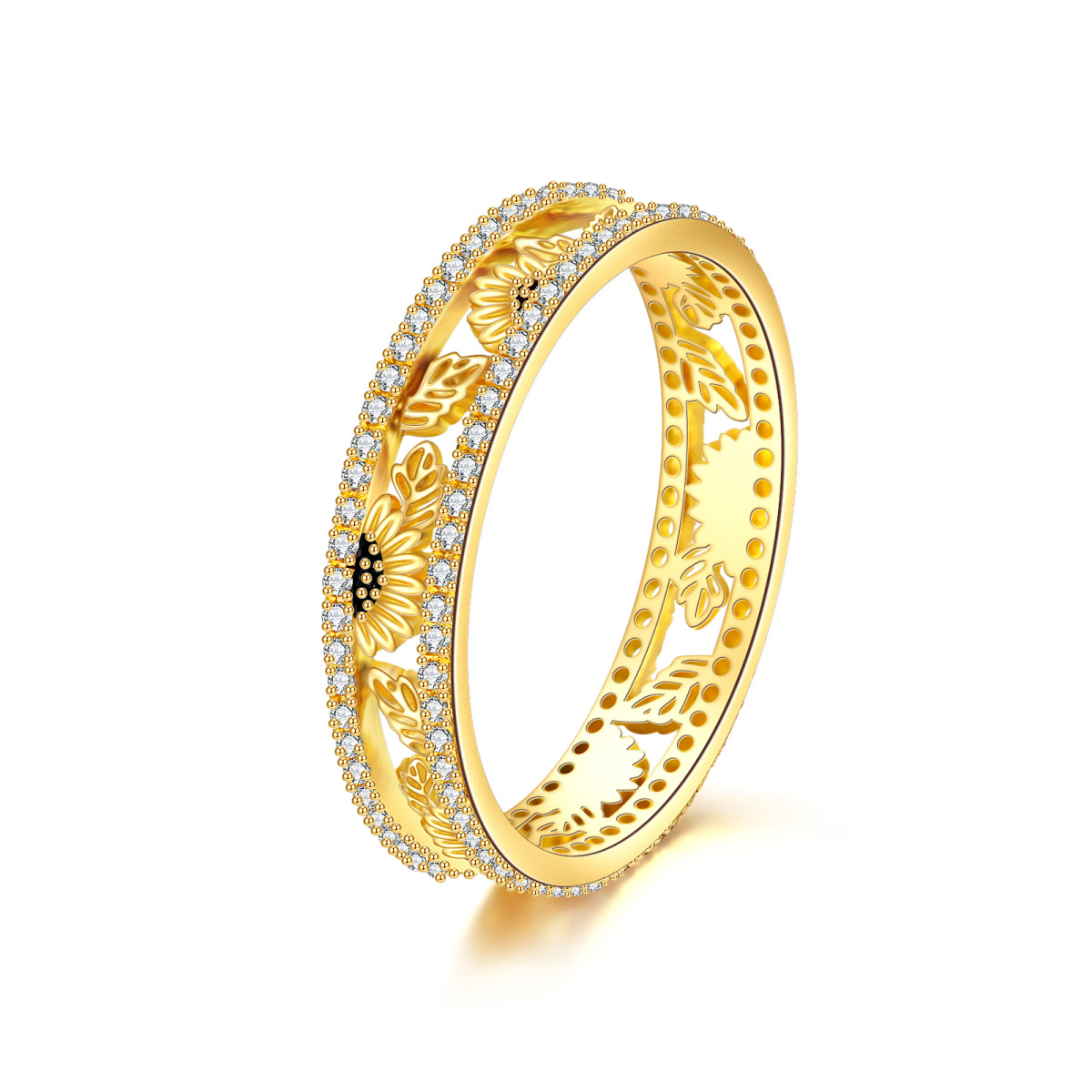 Anel Girassol Circular de Zircônia Cúbica em Ouro Amarelo 14K-1