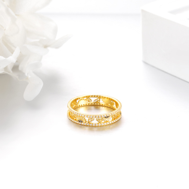 14 Karat Gelbgold runder Sonnenblumenring mit Zirkonia-4