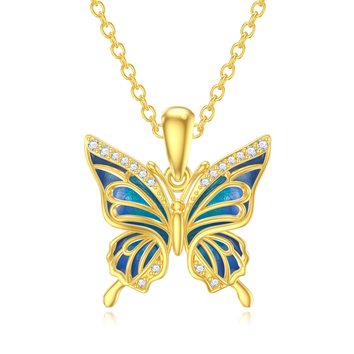 14K Yellow Gold CircularCubic Zirconia Butterfly Pendant Necklace-1