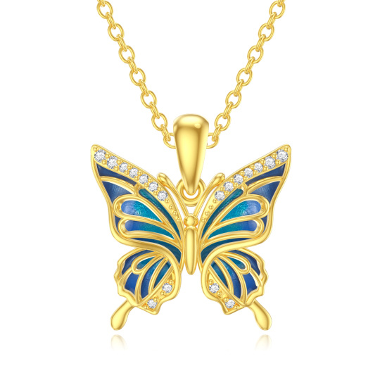 Collier avec pendentif papillon circulaire en or jaune 14 carats et zircone cubique