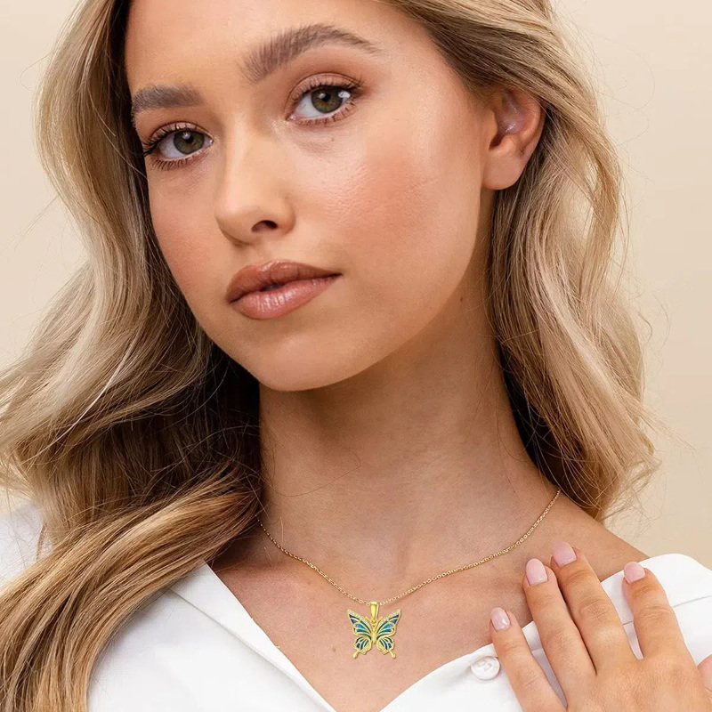 10K Yellow Gold CircularCubic Zirconia Butterfly Pendant Necklace-2