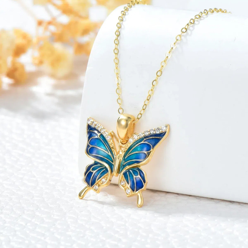 14K Yellow Gold CircularCubic Zirconia Butterfly Pendant Necklace-3