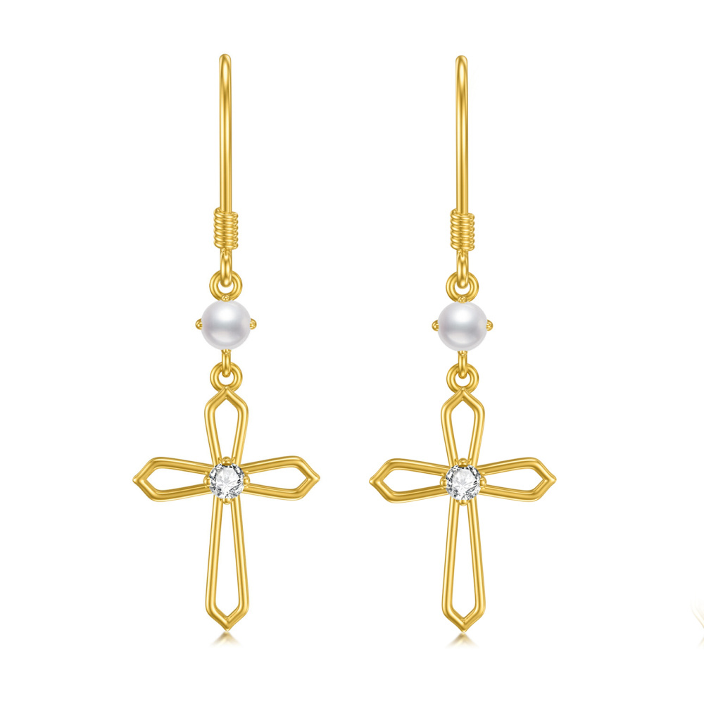 10K Yellow Gold Cross Dangle Earrings With Pearls-1