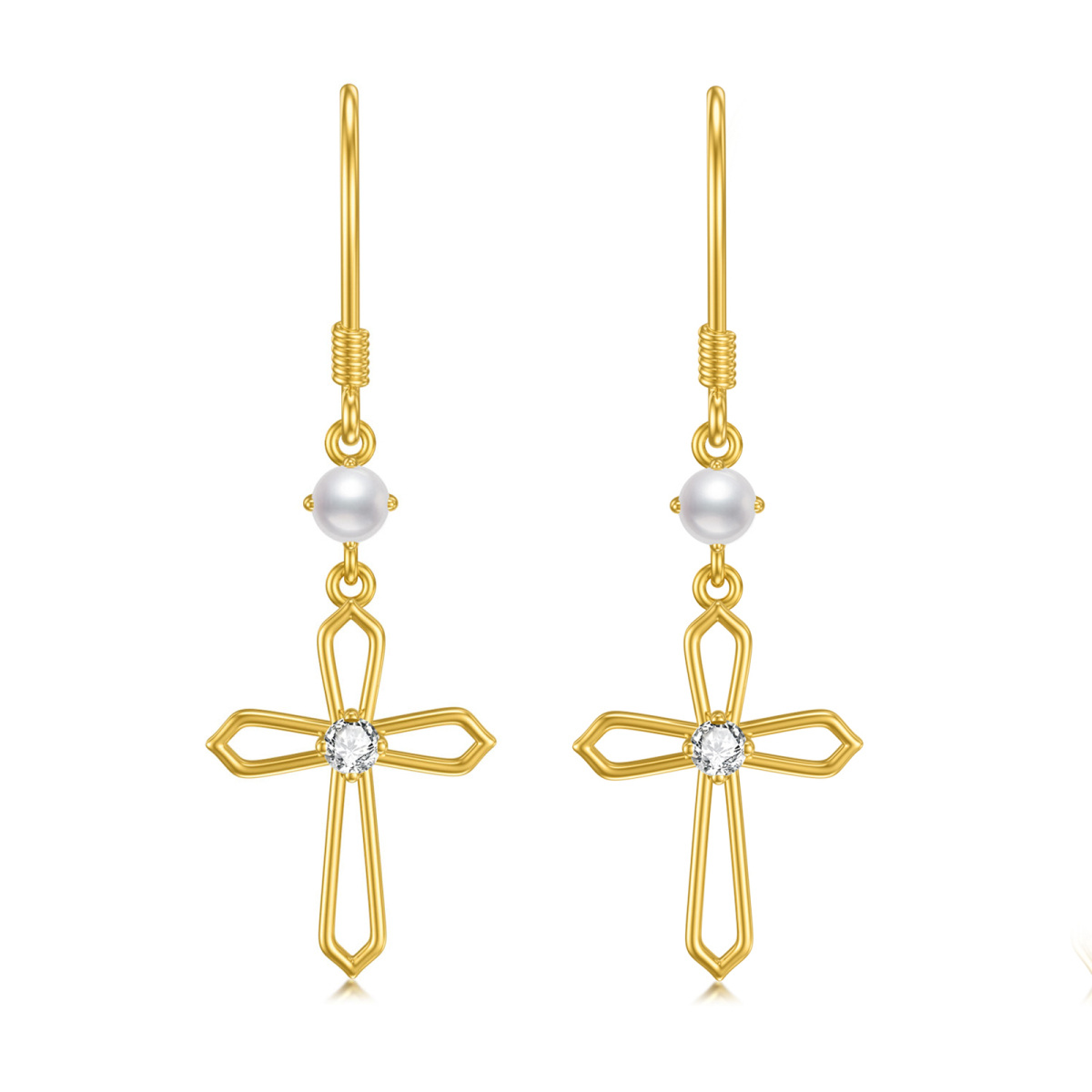 14 Karat Gelbgold-Kreuz-Ohrhänger mit Perlen-1