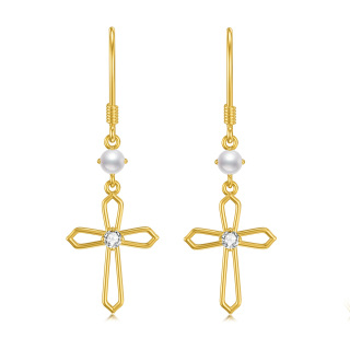 14K Yellow Gold Cross Dangle Earrings With Pearls-29