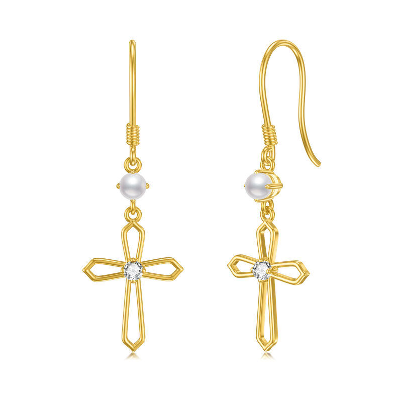10K Yellow Gold Cross Dangle Earrings With Pearls-2