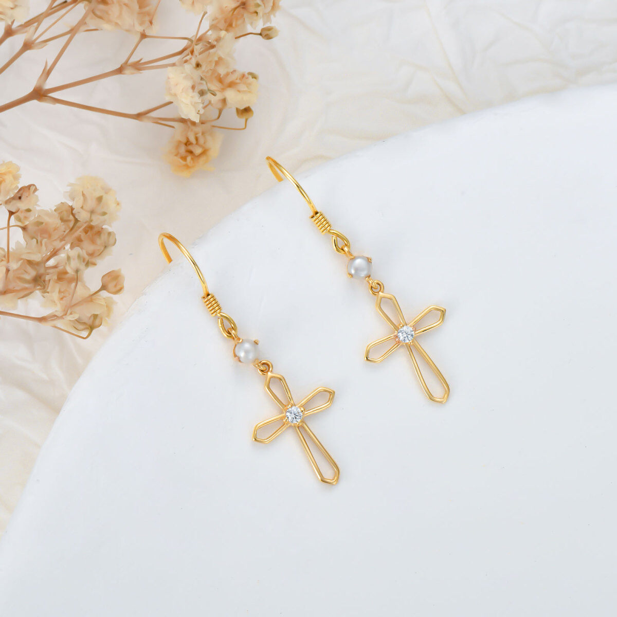 14 Karat Gelbgold-Kreuz-Ohrhänger mit Perlen-3