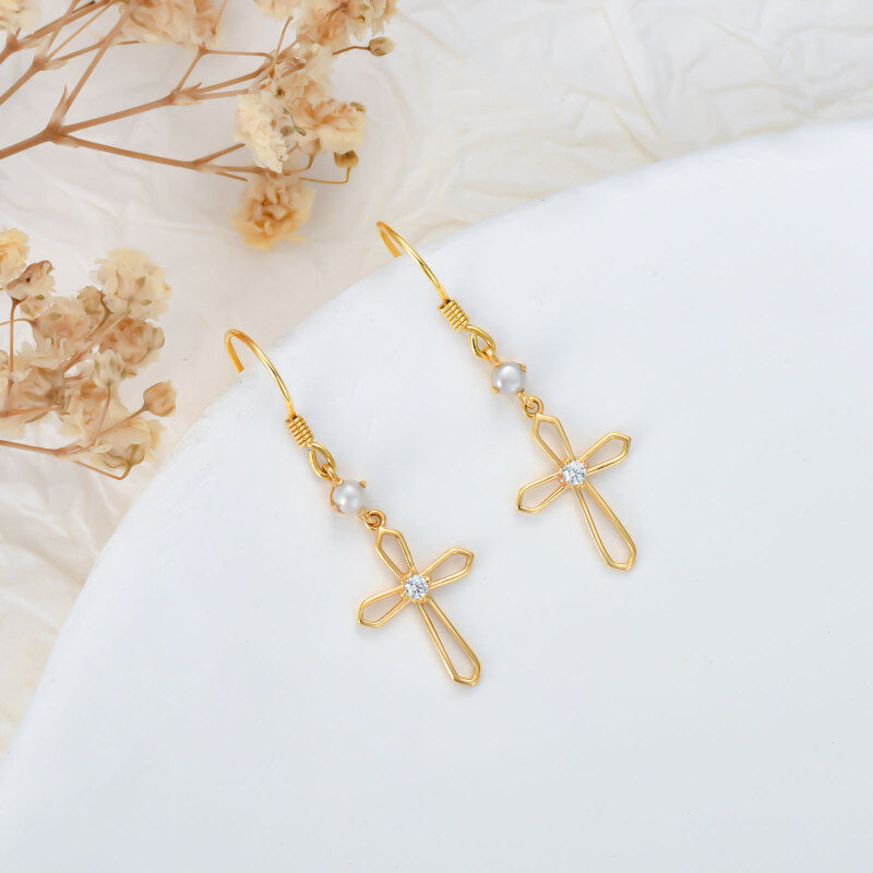 10K Yellow Gold Cross Dangle Earrings With Pearls-3