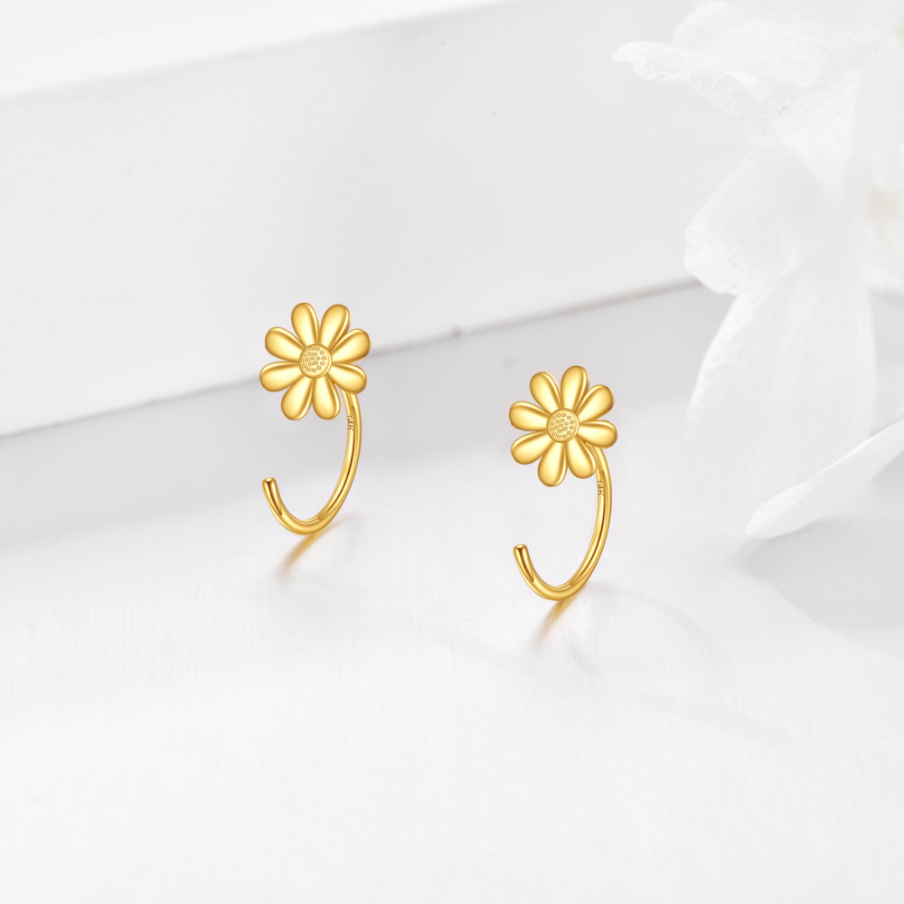 10K Yellow Gold Daisy Dainty Huggie Hoop Earrings-4