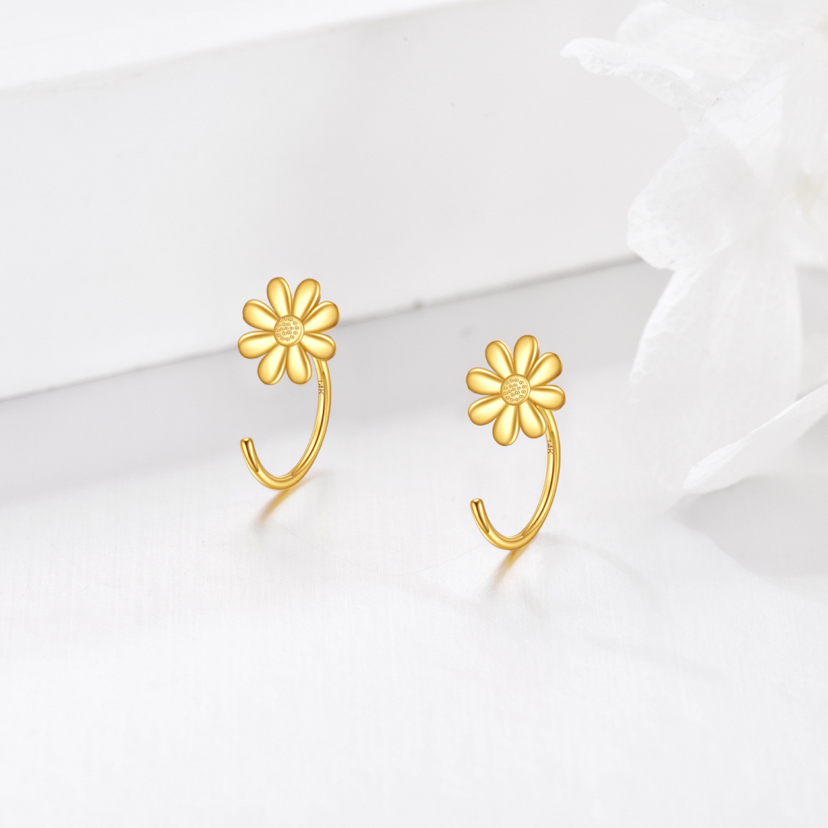 14K Yellow Gold Daisy Dainty Huggie Hoop Earrings-4