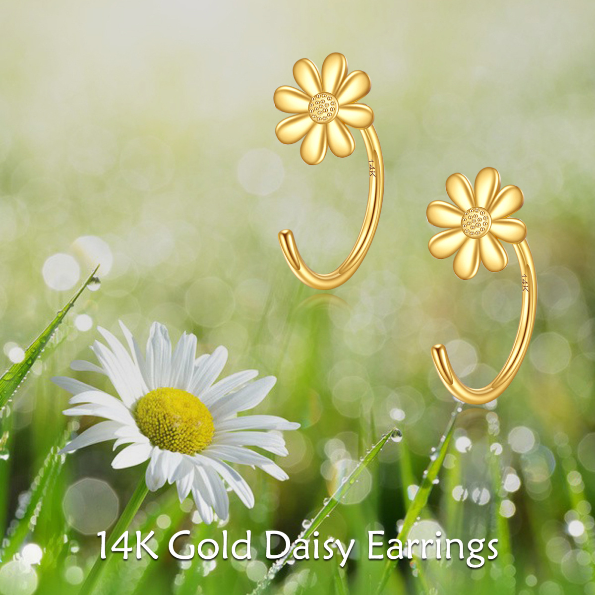 14K Yellow Gold Daisy Dainty Huggie Hoop Earrings-6