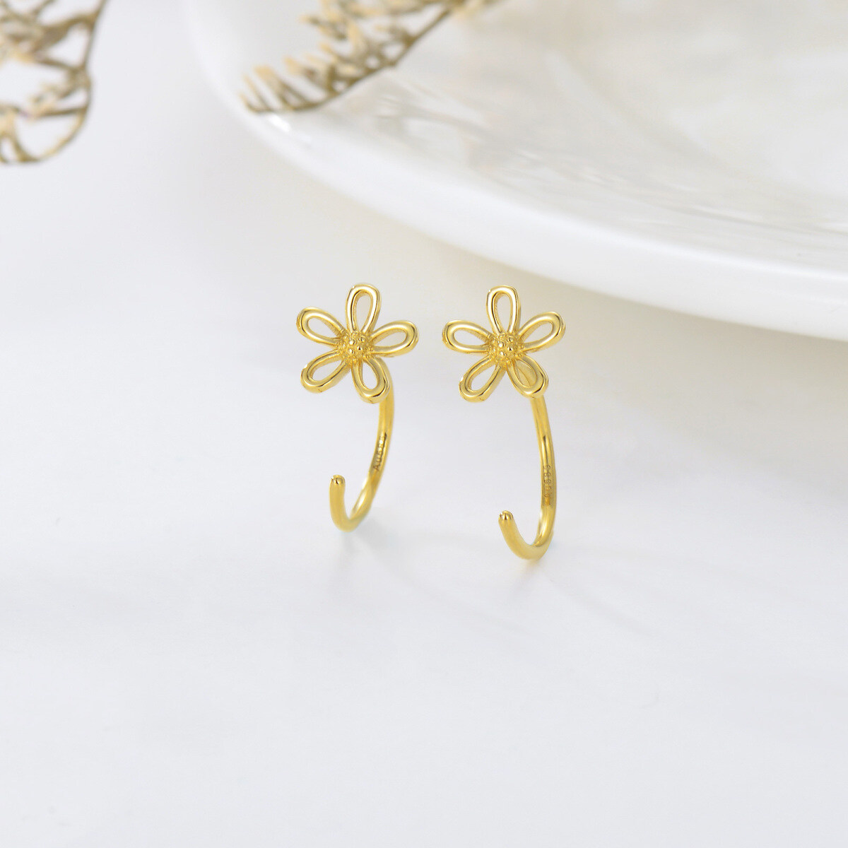 10K Yellow Gold Daisy Half Huggie Hoop Earrings for Women Fine Jewelry Gift for Her-3