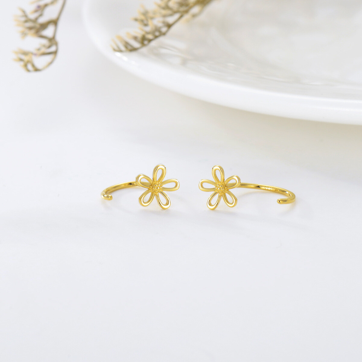10K Yellow Gold Daisy Half Huggie Hoop Earrings for Women Fine Jewelry Gift for Her-4