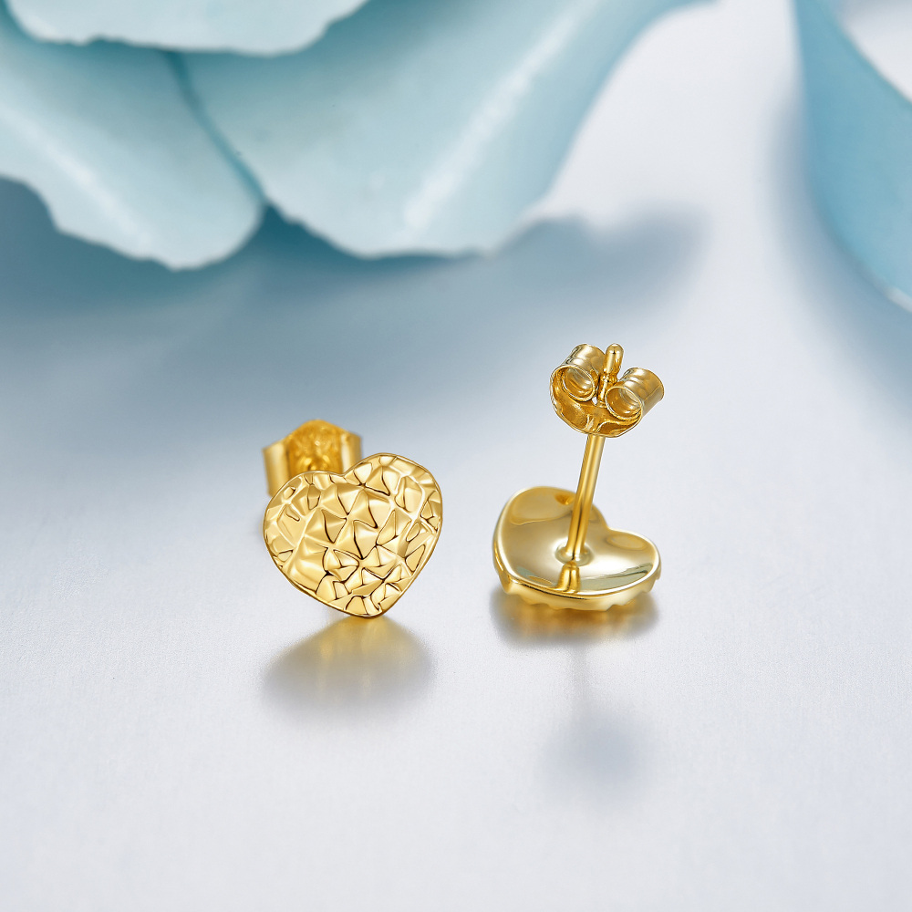 10K Yellow Gold Diamond-Cut Heart Stud Earrings-3