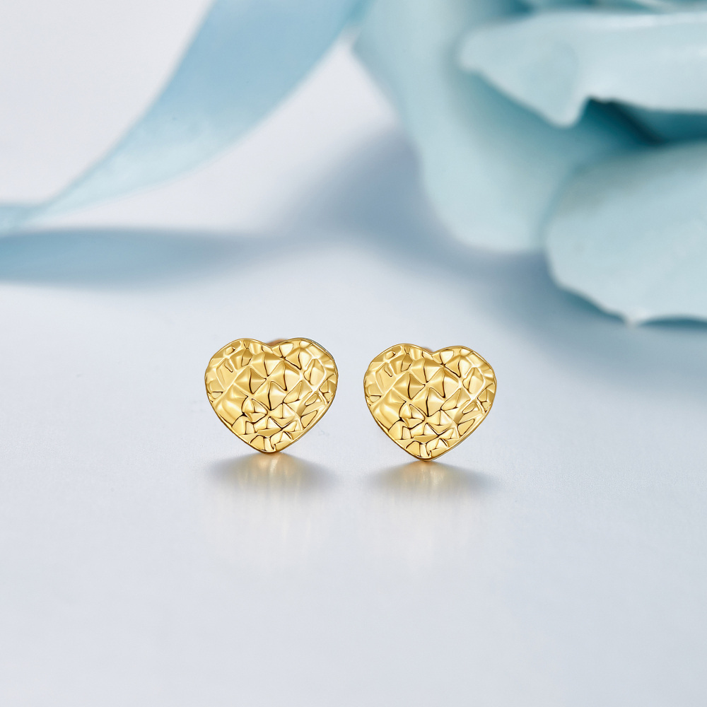 10K Yellow Gold Diamond-Cut Heart Stud Earrings-4