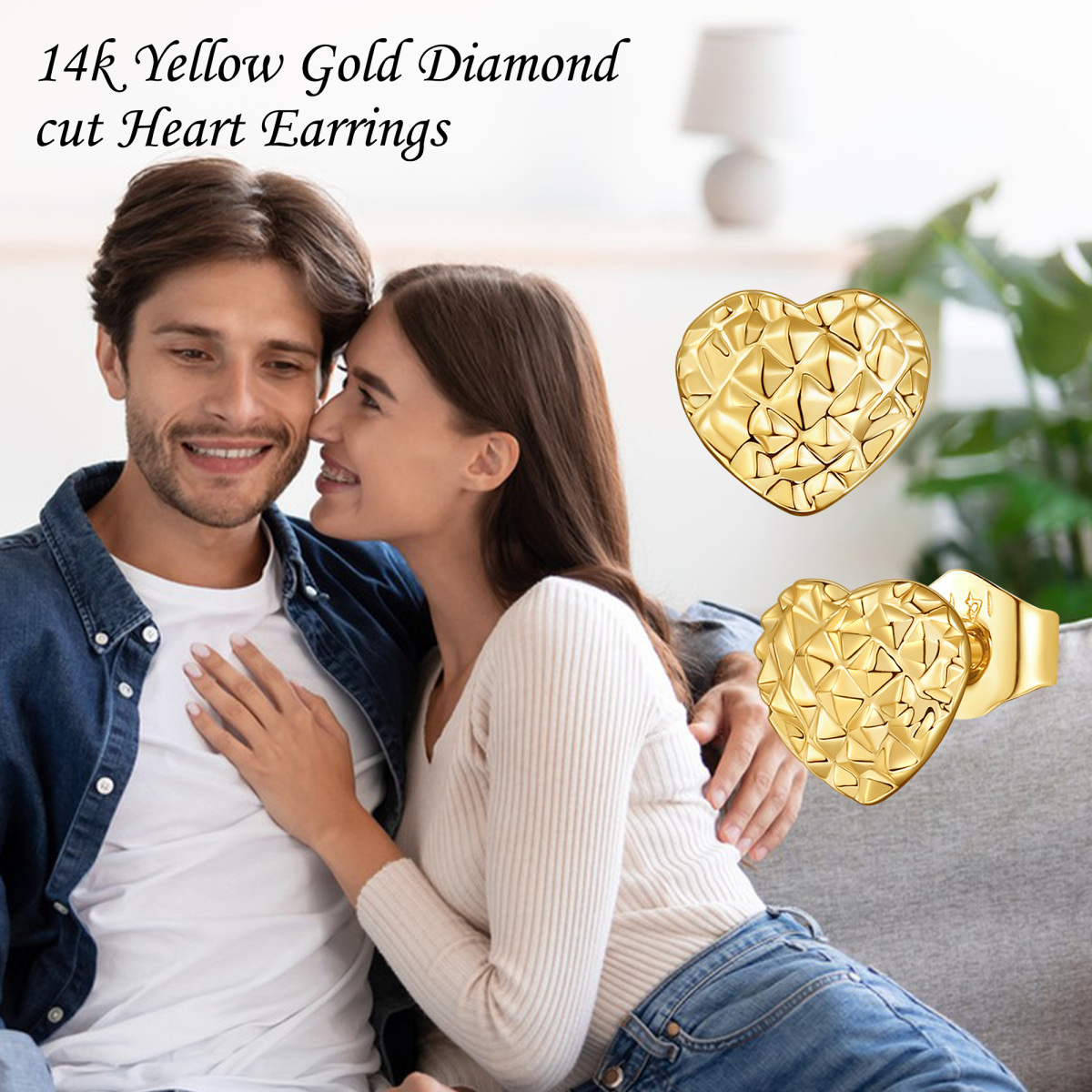 Pendientes de oro amarillo de 14 quilates con forma de corazón y corte de diamante-6