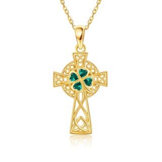 10K Yellow Gold Emerald Heart Cubic Zirconia Celtic Knot & Cross Pendant Necklace-13