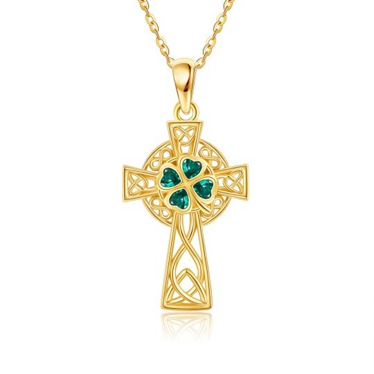 Collana con ciondolo a forma di croce celtica con nodo celtico e zirconi cubici e cuore di smeraldo in oro giallo 14K