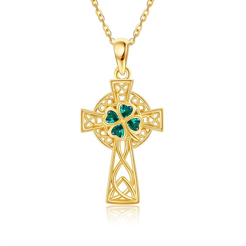 10K Yellow Gold Emerald Heart Cubic Zirconia Celtic Knot & Cross Pendant Necklace-6