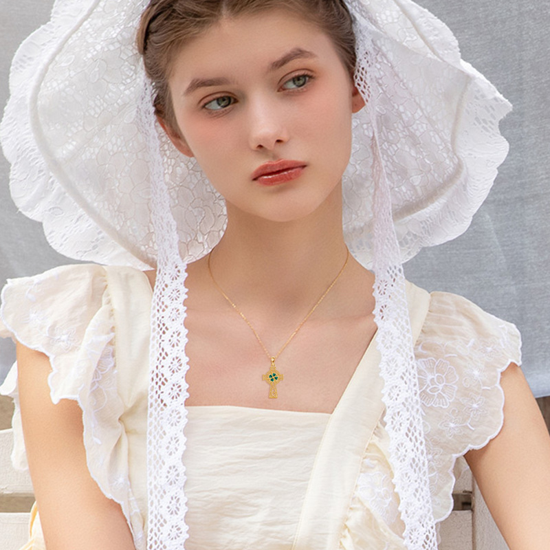 10K Yellow Gold Emerald Heart Cubic Zirconia Celtic Knot & Cross Pendant Necklace-2