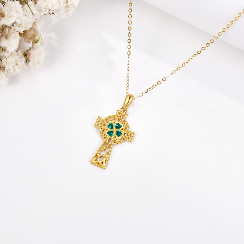 10K Yellow Gold Emerald Heart Cubic Zirconia Celtic Knot & Cross Pendant Necklace-4