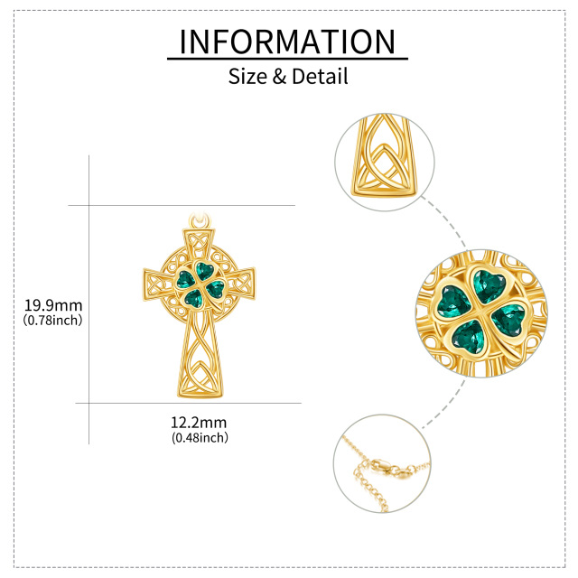 Collar con colgante de cruz de nudo celta con circonita cúbica y corazón de esmeralda en oro amarillo de 14 quilates-5