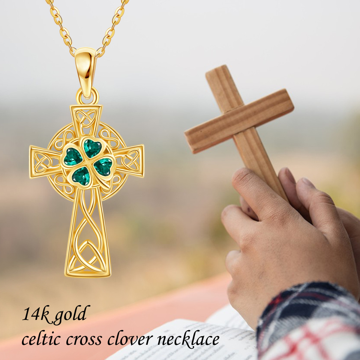 Collier avec pendentif croix celtique en or jaune 14 carats et émeraude en forme de cœur et zircone cubique-6