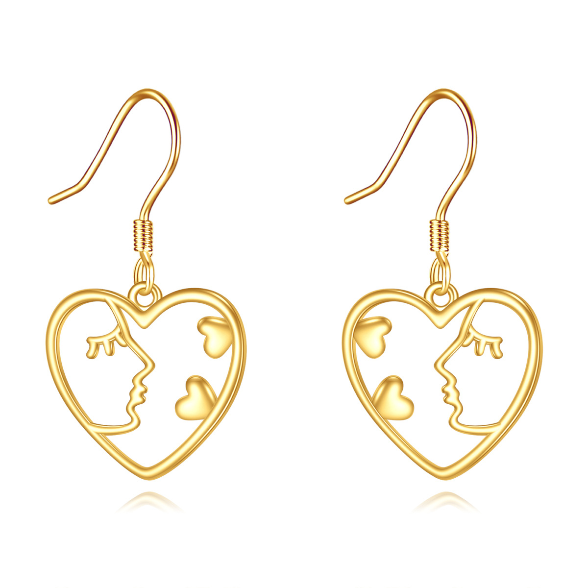 10K Yellow Gold Heart Dangle Lady Face Drop Earrings-1