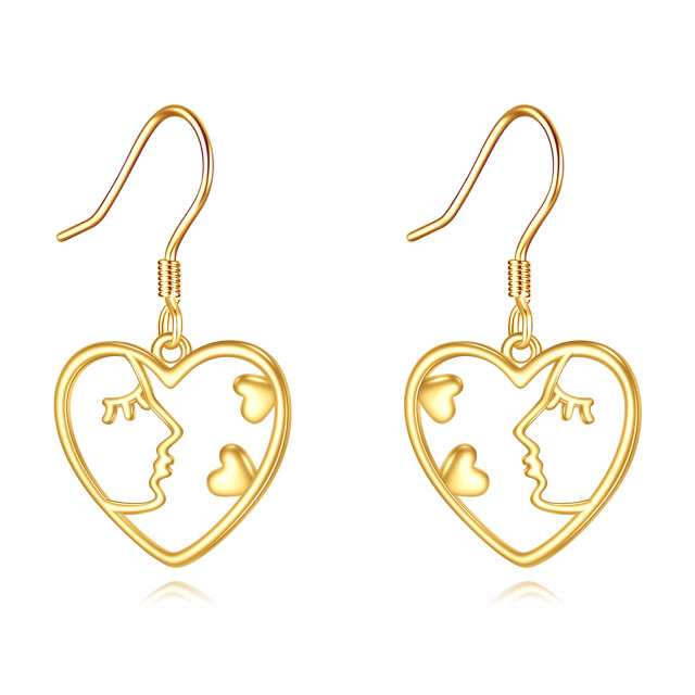 14K Yellow Gold Heart Dangle Lady Face Drop Earrings-1