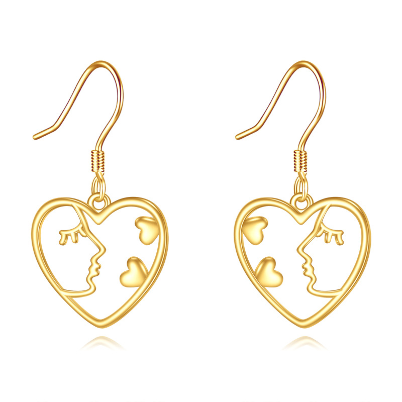 14K Yellow Gold Heart Dangle Lady Face Drop Earrings