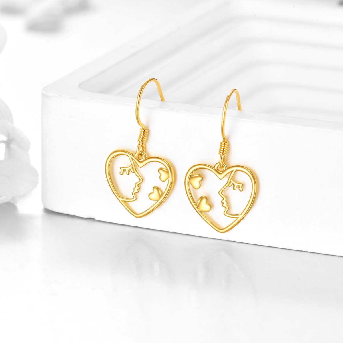 14K Yellow Gold Heart Dangle Lady Face Drop Earrings-3