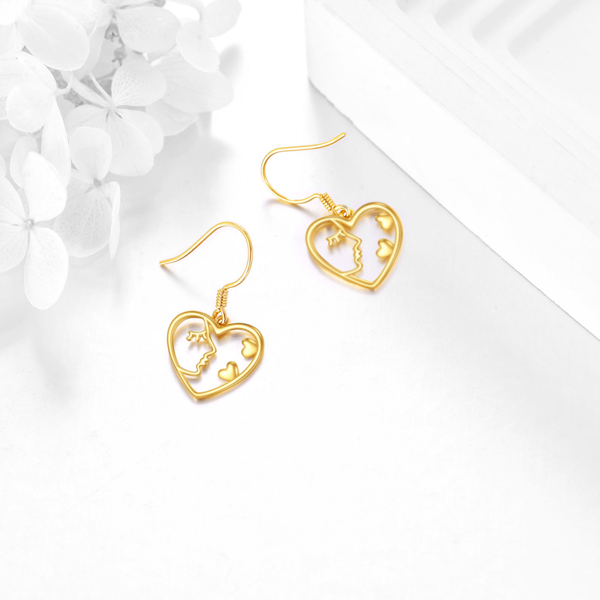 18K Yellow Gold Heart Dangle Lady Face Drop Earrings-4