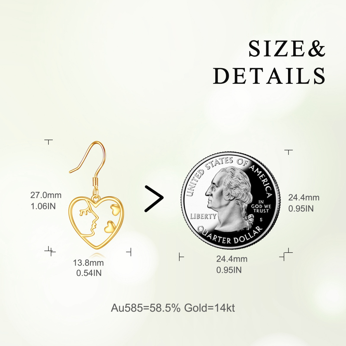 10K Yellow Gold Heart Dangle Lady Face Drop Earrings-5