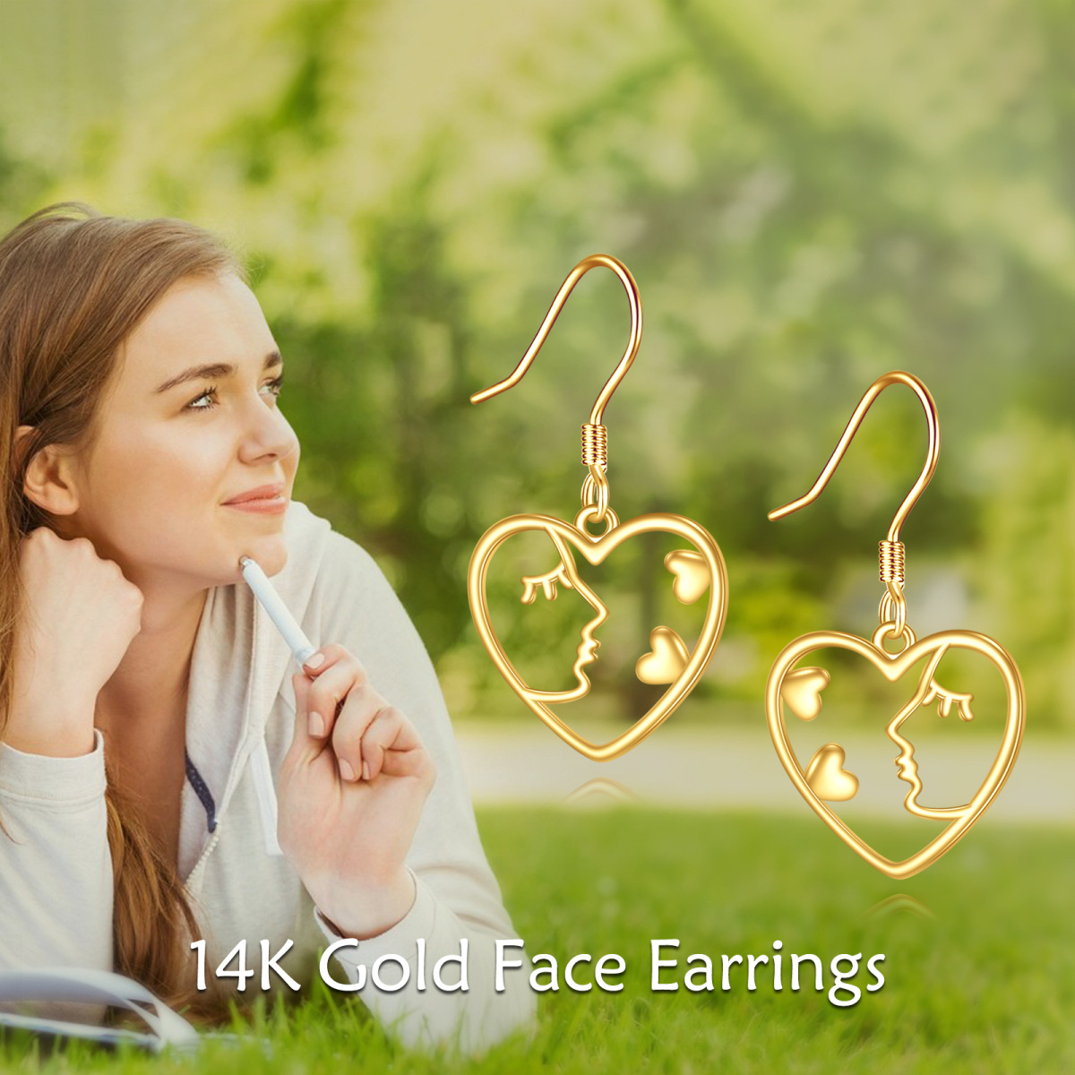 10K Yellow Gold Heart Dangle Lady Face Drop Earrings-6