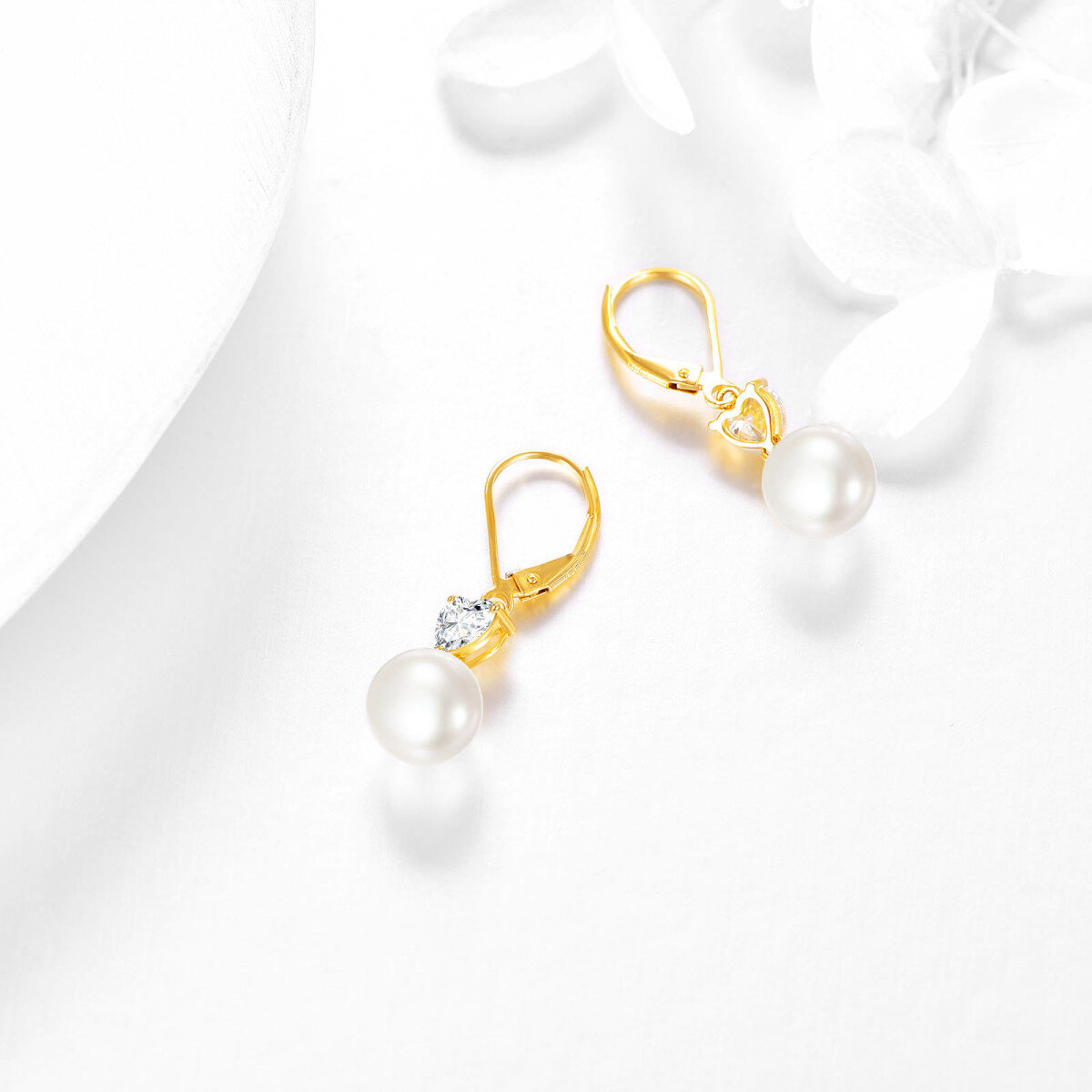 14K Yellow Gold Heart Moissanite &Circular Pearl Bead Lever-back Earrings-4