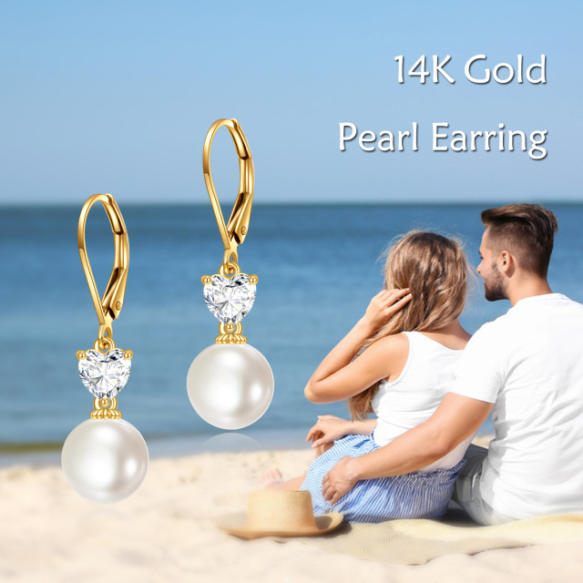 14K Yellow Gold Heart Moissanite &Circular Pearl Bead Lever-back Earrings-6