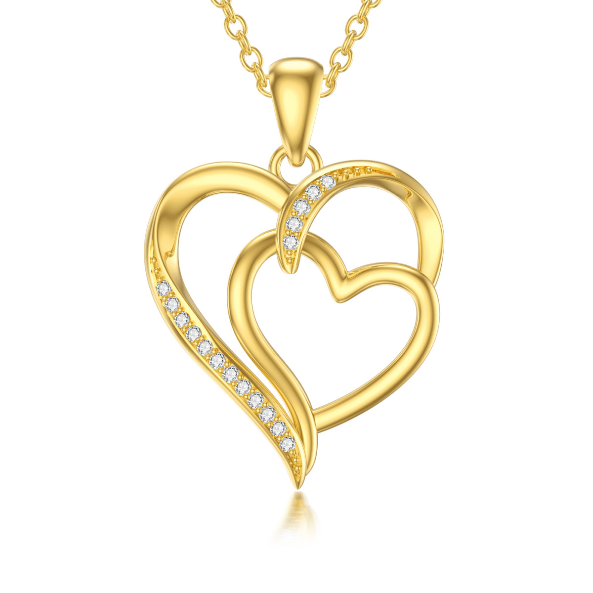 14K Yellow Gold Cubic Zirconia Heart With Heart Pendant Necklace-1