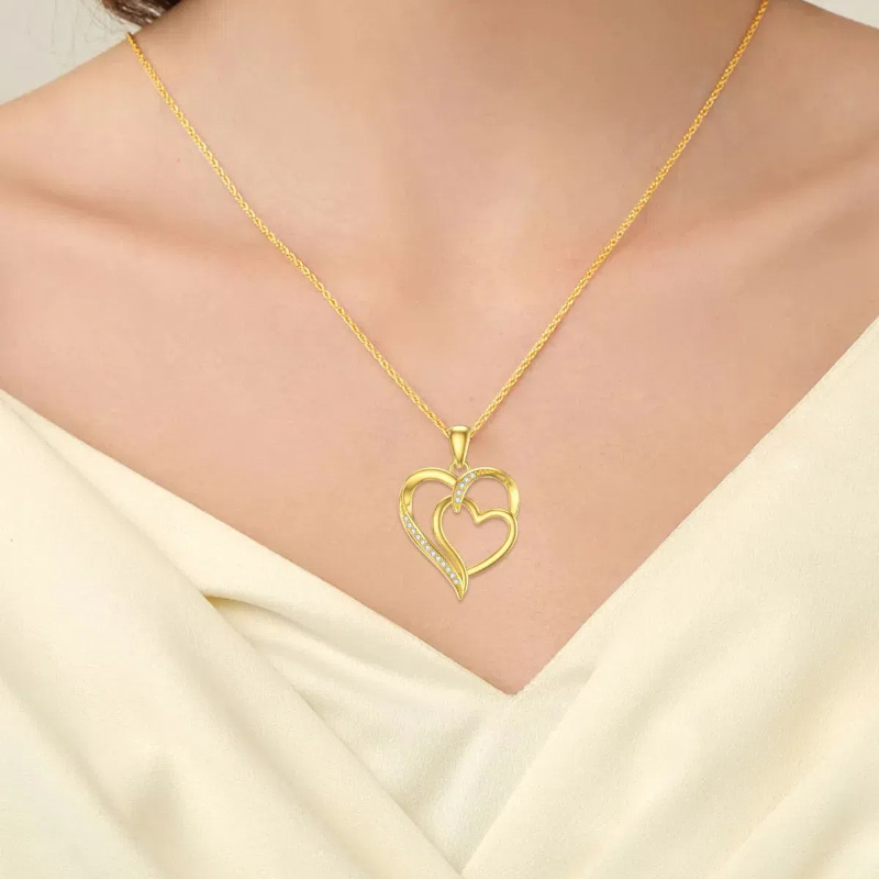 10K Yellow Gold Cubic Zirconia Heart With Heart Pendant Necklace For Women-2