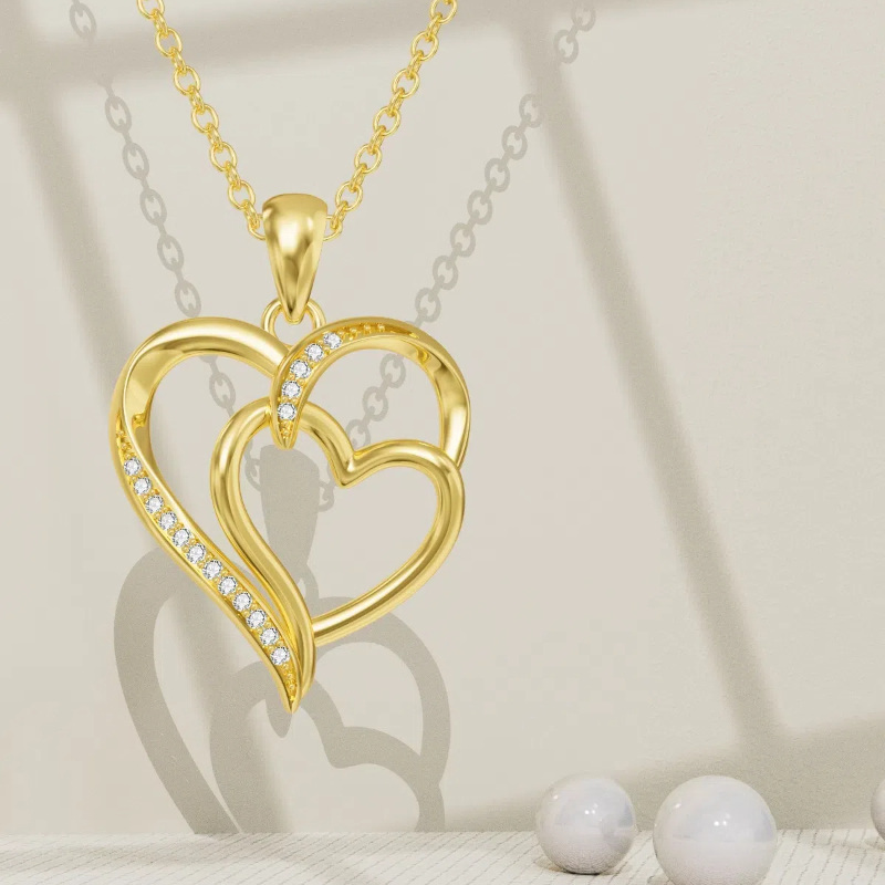 10K Yellow Gold Cubic Zirconia Heart With Heart Pendant Necklace For Women-3