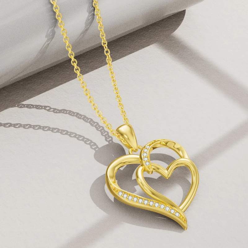 10K Yellow Gold Cubic Zirconia Heart With Heart Pendant Necklace For Women-4