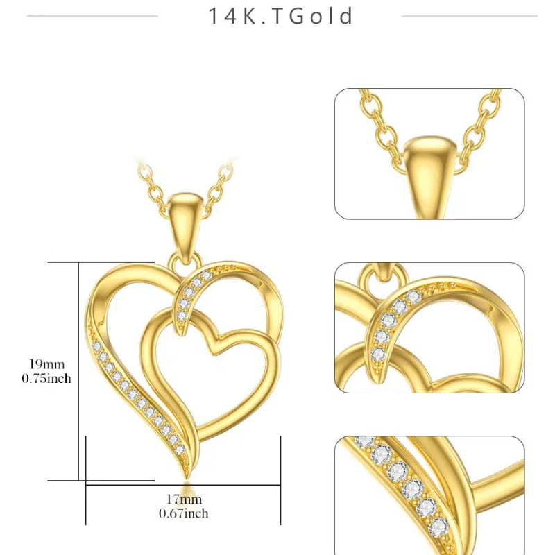 10K Yellow Gold Cubic Zirconia Heart With Heart Pendant Necklace For Women-5