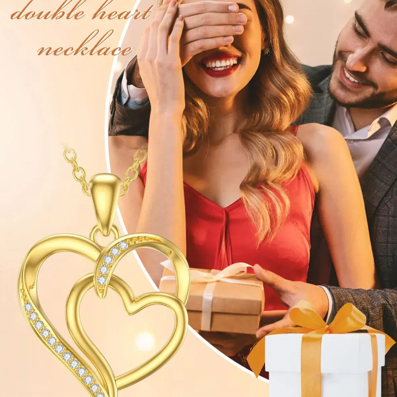 10K Yellow Gold Cubic Zirconia Heart With Heart Pendant Necklace For Women-6
