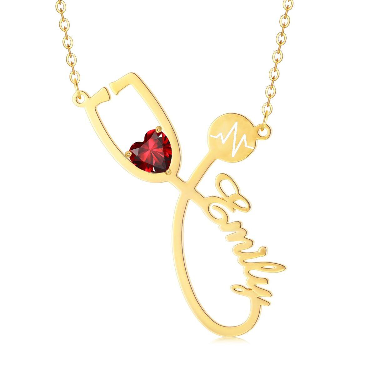 10K Yellow Gold Heart Zirconia Personalized Classic Name & Stethoscope Pendant Necklace-1