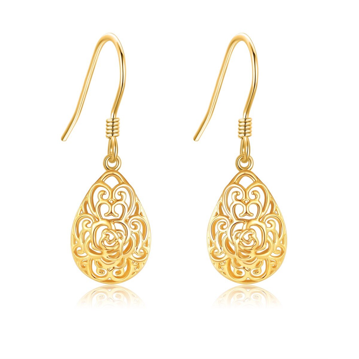 14 Karat Gelbgold, hohle Tropfenohrringe mit Rosenmotiv-1