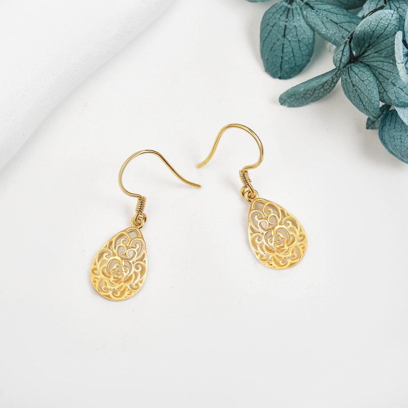 14K Yellow Gold Hollow Rose Drop Earrings For Women-3