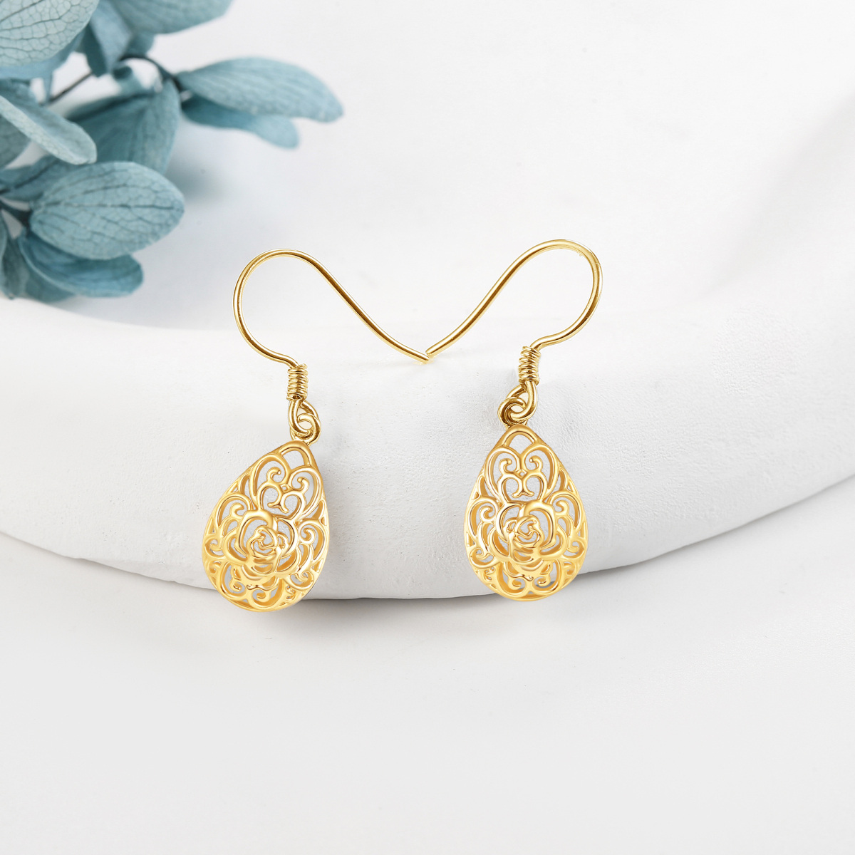 14K Yellow Gold Hollow Rose & Drop Shape Drop Earrings-4