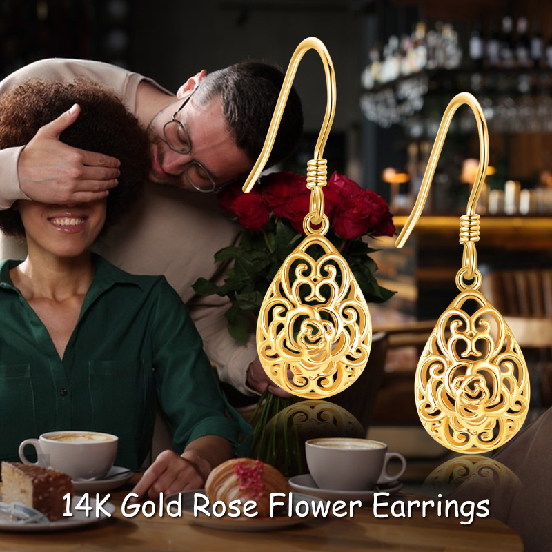 14K Yellow Gold Hollow Rose Drop Earrings For Women-6